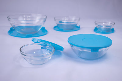 ⭐SET X 5 BOWLS VIDRIO TAPA AZUL