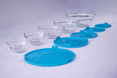 ⭐SET X 5 BOWLS VIDRIO TAPA AZUL