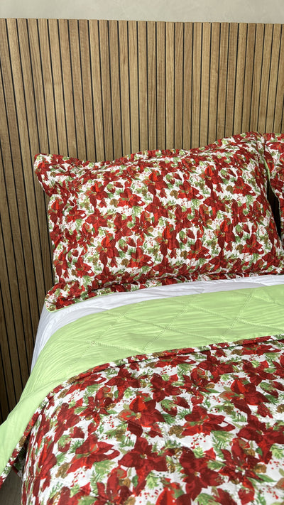 ⭐EDREDÓN NAVIDAD PONSETIA MAS FUNDAS CORTE SHAM CON PESPUNTE